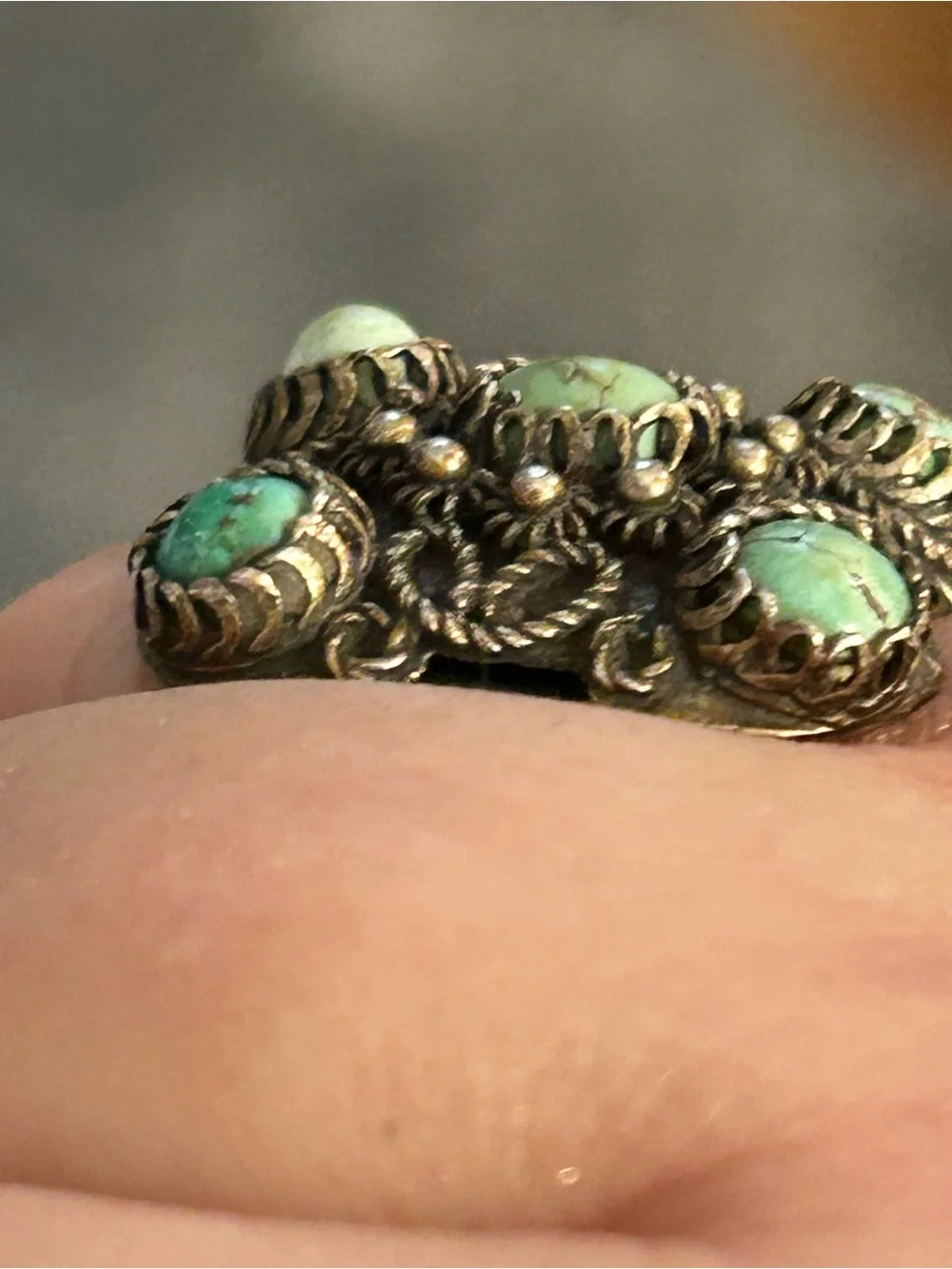 Antique Yemenite Filigree Genuine Turquoise Silver Ornate Ring